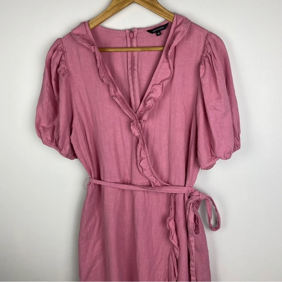 Portmans Madison Wrap Dress Pink Linen Blend Tie Waist Short Ruffle Size L 14 - Picture 4 of 11